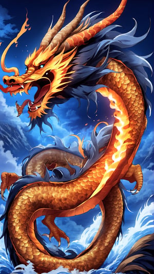 High Quality, Lossless, Clean, Raw, High Quality, Lossless, Clean, Raw, HD, Strange Dragón, 
Multires noise a dragon, flame, open mouth, chinese dragon, horns, teeth, no humans, fangs fire, sharp teeth, claws, dragon scales, eastern dragon, breathing fire ,Strange Dragón, blue flames, in sky, realistic 