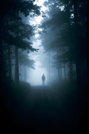 A dense canopy of dark trees surrounds a narrow path, shrouded in an eerie mist that clings to the forest floor. The only light comes from above, casting dappled shadows across the terrain. A lone figure stands at the path's edge, silhouetted against the gloomy backdrop