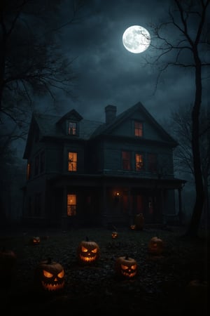 Night of terror, darkness and an abandoned house with pumpkins with creepy eyes, in the sky a full moon illuminates the sky and the space where it is located, Abandoned and destroyed house and ghost in the mysterious forest, ruins, darknessstyle, 