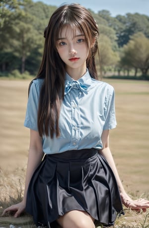  (Best Quality, 8K, ultra-detailed, Masterpiece: 1.3),  1girl, solo, pleated skirt, black skirt, smiling, looking at viewer, blue eyes, smile, long hair, park, bow tie, (black hair:1.3), blue eyes, halo, long white shirt, side updo hairstyle, sitting in a field of Lycoris flowers,colorful_girl_v2,realhands