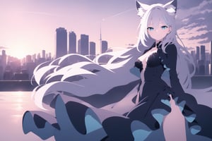 (Best Quality, 8K, ultra-detailed, Masterpiece: 1.3),  1girl, solo, looking at viewer, very long hair, blue eyes, hair between eyes, closed mouth, white hair, streaked hair, shiroko(terror), animal ear fluff, animal ears, shirokoterror, dress, Serious look, city, Landscape