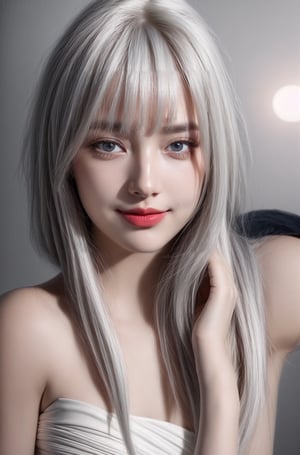 (8k, best quality, masterpiece), (ultra-detailed:1.1), (high detailed skin), bangs, 1girl, Elegant white dress with different details, watching, moonlit night on the beach, blue eyes, (white hair: 1.3), red eye shadow on the sides, smiling, high quality, clear, detailed and vivid colors, hands correct