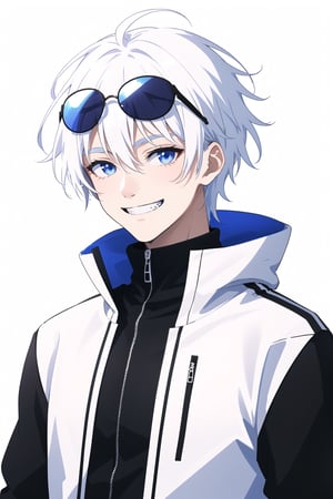 solo, looking at viewer, smile, short hair, bangs, blue eyes, simple background, long sleeves, 1boy, white background, hair between eyes, school uniform, jacket, upper body, white hair, male focus, grin, black jacket, sunglasses, high collar, round eyewear, gojou satoru