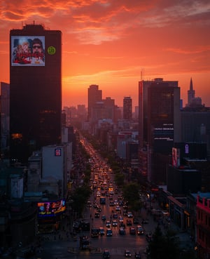 A cityscape at dusk: a sprawling metropolis with towering skyscrapers and neon-lit billboards against a fiery orange sky, people rushing to and fro on the busy streets, streetlights casting long shadows as the sun dips below the horizon.