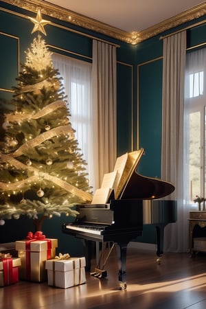 (high quality, 4K), piano, gift, decoration, Christmas, piano with a gift bow, piano, in a room, realistic