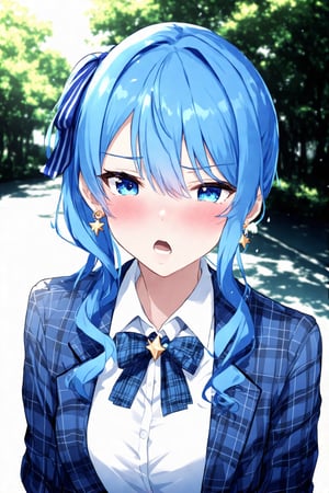 hoshimachi suisei,1girl, virtual youtuber, solo, blue hair, blue eyes, blush, jewelry, shirt, jacket, earrings, star (symbol), looking at viewer, bow, white shirt, upper body, side ponytail, school uniform, bowtie, plaid bow, collared shirt, hair ribbon, alternate costume, star earrings, ribbon, star in eye, blazer, closed mouth, symbol in eye, long hair, hair between eyes, sweatdrop, medium hair, wavy mouth, outdoors, blurry background, blue jacket, plaid, embarrassed