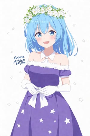 Anime_style_14, (best quality, masterpiece, ultra detailed, 8K, RAW photo), The image is a digital illustration of a young girl with blue hair and a flower crown on her head. She is wearing a purple dress with a white off-the-shoulder neckline and a large bow on the waist. She has white gloves on her hands and is standing in front of a white background with small white stars scattered around. The girl has a big smile on her face and is looking directly at the camera, text "Anime Artist style" on centered