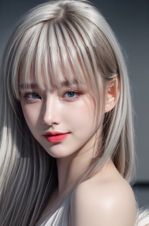 (8k, best quality, masterpiece), (ultra-detailed:1.1), (high detailed skin), bangs, 1girl, Elegant white dress with different details, watching, moonlit night on the beach, blue eyes, (white hair: 1.3), red eye shadow on the sides, smiling, high quality, clear, detailed and vivid colors, hands correct