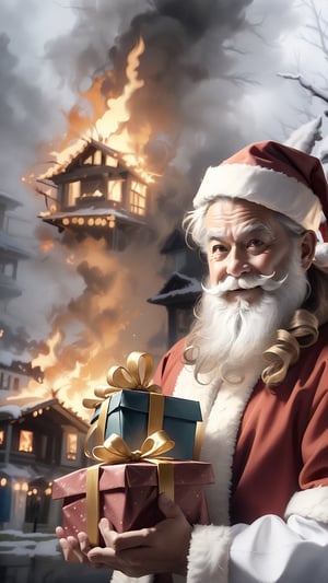 Highly detailed, High Quality, Masterpiece, beautiful, santa claus, man, gifts IncrsDisasterGirlMeme, fire, smile, outdoors, , santa claus, chirtsmas