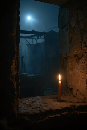 A close-up shot of a single, half-melted candle placed at the edge of an old, cracked stone window sill. The candle’s flame flickers gently, casting a warm, orange glow that contrasts with the cold, bluish moonlight seeping through the window. The flame illuminates part of the ancient, cobweb-covered stone wall, creating intricate, long shadows that dance across the room. In the background, the rest of the room fades into darkness, with only faint outlines of dusty shelves and eerie, abandoned objects. Outside, the moon hangs low in a fog-filled sky, casting a soft, ethereal light that mixes with the candle’s glow, creating a haunting yet mesmerizing blend of warm and cold lighting. The angle captures the depth of the room, with the candle as the primary focus, while the background gradually blurs, enhancing the atmosphere of isolation and mystery