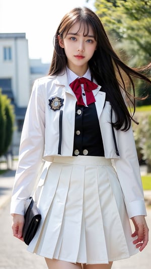 High Quality, Lossless, Clean, Raw, High Quality, Lossless, Clean, Raw, HD, girl, alone, clear lights, bangs in her hair, blue eyes, beautiful girl, anoa magic academy school uniform, shirt, white shirt, buttons, buttoned cuffs, jacket, white jacket, cropped jacket, bow, red bow, bowtie, red bowtie, long sleeves, puffy sleeves, skirt, red skirt, pleated skirt, shoes, arm belt, high-waist skirt, ascot, red ascot, solo