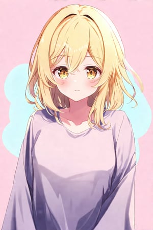 Anime_style_14, 1girl, blonde hair, half-body, detailed eyes, pastel colors, soft lighting, casual clothes, standing, relaxed expression, delicate hair strands, soft pink and baby blue background, blush, anime-style, focus on upper body, gentle atmosphere, subtle shadows, golden hair highlights