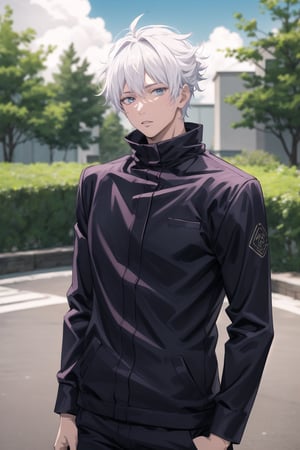 masterpiece,highres,high quality,extremely detailed,solo,outdoors, looking at viewer, SatoruGojo,1man, black jacket,popped collar,gojo satoru, white hair