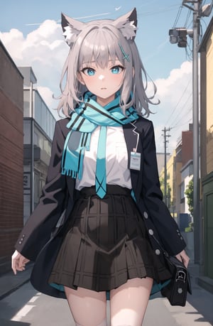 masterpiece, best quality, cowboy shot, 1girl, solo, outdoors, withLora(ShirokoBA-v1, 0.8), shiroko, grey hair, medium hair, mismatched pupils, cross hair ornament, animal ear fluff, scarf, open clothes, open jacket, blue jacket, white shirt, necktie, pleated shirt, plaid skirt, high-waist skirt, kneehighs