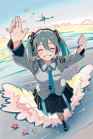 (gray art line:1.6),  (watercolor(medium):1.15),  traditional media,  nostalgic,(no back ground,hatsune miku,tired,smile:1.3),(flying sky,from above,reaching out,bloom,shiny,glowing:1.4)