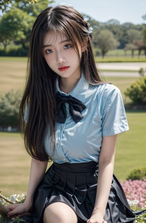  (Best Quality, 8K, ultra-detailed, Masterpiece: 1.3),  1girl, solo, pleated skirt, black skirt, smiling, looking at viewer, blue eyes, smile, long hair, park, bow tie, (black hair:1.3), blue eyes, halo, long white shirt, side updo hairstyle, sitting in a field of Lycoris flowers,colorful_girl_v2,