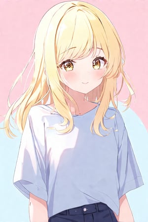 Anime_style_14, 1girl, blonde hair, half-body, detailed eyes, pastel colors, soft lighting, casual clothes, standing, relaxed expression, delicate hair strands, soft pink and baby blue background, blush, anime-style, focus on upper body, gentle atmosphere, subtle shadows, golden hair highlights