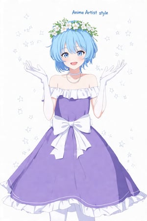 Anime_style_14, (best quality, masterpiece, ultra detailed, 8K, RAW photo), The image is a digital illustration of a young girl with blue hair and a flower crown on her head. She is wearing a purple dress with a white off-the-shoulder neckline and a large bow on the waist. She has white gloves on her hands and is standing in front of a white background with small white stars scattered around. The girl has a big smile on her face and is looking directly at the camera, text "Anime Artist style" on centered