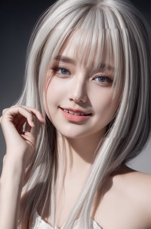 (8k, best quality, masterpiece), (ultra-detailed:1.1), (high detailed skin), bangs, 1girl, Elegant white dress with different details, watching, moonlit night on the beach, blue eyes, (white hair: 1.3), red eye shadow on the sides, smiling, high quality, clear, photo, detailed and vivid colors, hands correct