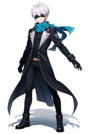 solo, smile, short hair, simple background, gloves, long sleeves, 1boy, white background, holding, closed mouth, standing, jacket, full body, white hair, male focus, shoes, pants, scarf, black footwear, black jacket, black pants, spiked hair, facing viewer, blindfold, blue gloves, covered eyes, blue scarf, black blindfold, gojou satoru