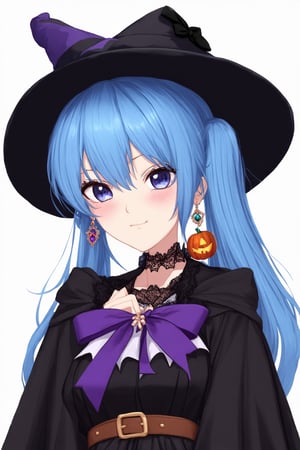 1girl, virtual youtuber, solo, blue eyes, blue hair, long hair, witch hat, Halloween costume, blush, earrings, looking at viewer, black dress, jewelry, pumpkin (symbol), symbol in eye, black cloak, bat in eye, bow earrings, off shoulder, black jacket, ribbon, black headwear, upper body, lace, hand on chest, closed mouth, purple ribbon, lace trim, one side up, lace choker, long sleeves, shirt, hair between eyes, bow, white background, belt, open clothes, hair ribbon,hoshimachi suisei, side pony tail