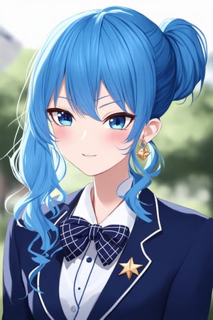 1girl, virtual youtuber, solo, blue hair, blue eyes, blush, jewelry, shirt, jacket, earrings, star \(symbol\), looking at viewer, bow, white shirt, upper body, side ponytail, school uniform, bowtie, plaid bow, collared shirt, hair ribbon, alternate costume, star earrings, ribbon, star in eye, blazer, closed mouth, symbol in eye, long hair, hair between eyes, sweatdrop, medium hair, wavy mouth, open jacket, outdoors, open clothes, blurry background, blue jacket,hoshimachi suisei