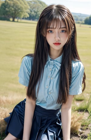  (Best Quality, 8K, ultra-detailed, Masterpiece: 1.3),  1girl, solo, pleated skirt, black skirt, smiling, looking at viewer, blue eyes, smile, long hair, park, bow tie, (black hair:1.3), blue eyes, halo, long white shirt, side updo hairstyle, sitting in a field of Lycoris flowers,colorful_girl_v2,realhands