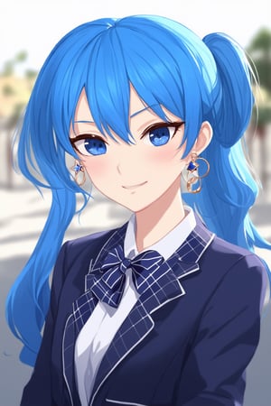 1girl, virtual youtuber, solo, blue hair, blue eyes, blush, jewelry, shirt, jacket, earrings, star \(symbol\), looking at viewer, bow, white shirt, upper body, side ponytail, school uniform, bowtie, plaid bow, collared shirt, hair ribbon, alternate costume, star earrings, ribbon, star in eye, blazer, closed mouth, symbol in eye, long hair, hair between eyes, sweatdrop, medium hair, wavy mouth, open jacket, outdoors, open clothes, blurry background, blue jacket,hoshimachi suisei