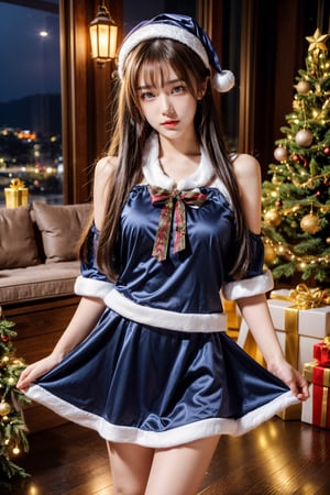 girl dressed in Christmas costume, night, Santa Claus, gifts, high quality, girl, blue eyes, 1 man, beautiful girl,Nice legs and hot body, (idol)
