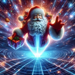 create a (32k masterpiece, best quality:1.4) mystical, Fantastical, photorealistic image of santa claus delivering presents in the middle of orions belt being sucked backwards in to a digital neon matrix wormhole, his body is being stretched by space-time physics, ((perspective shot viewing santa from front being sucked away from view:1.3)), and stretched to vanishing point inside the event horizon 