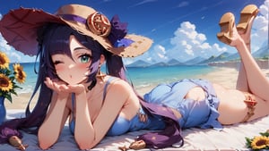 score_9, score_8_up, score_8_up, rating_safe, 4RCH0N, Expressiveh, ear piercings, cliff background, laying on stomach, looking at viewer, blowing kiss, one eye closed, heart blush, shiny skin, mona_(genshin_impact), genshin_impact, 1girl, black_hair, green_eyes, stockings, sundress, straw_hat, sandals, sunflowers, k1ss3s