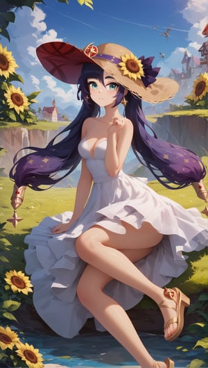 score_9, score_8_up, score_8_up, rating_safe, 4RCH0N, Expressiveh, ear piercings, cliff background, looking at viewer, shiny skin,mona_(genshin_impact), genshin_impact, 1girl, black_hair, green_eyes, stockings, sundress, straw_hat, sandals, sunflowers,concept art