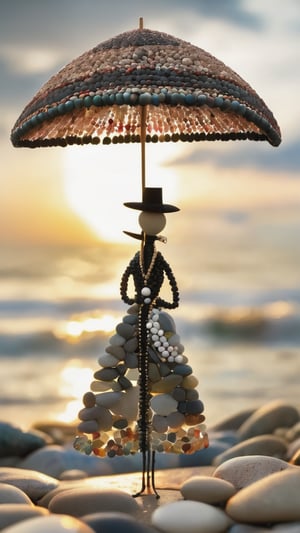 An elegantly dressed whimsical character made out of smooth river pebbles holding a parasol standing on the beach watching a sunset over the ocean. Inspired by Katia Chausheva's viennese actionism.