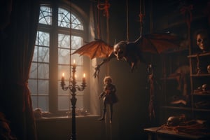 A huge Victorian-attired, skeletal vampire bat with a pale, gaunt face and sunken eyes hovers in a workshop, surveying the puppets that are hanging from strings.A dimly lit, cinematic scene in the style of Tim Burton, shot on 35mm film with a warm, high-contrast color grade and subtle grain. Soft, orange light spills from a nearby candelabra, casting deep shadows on the walls adorned with macabre decorations, skulls, and red ribbons. To the left, a large window with intricate iron frames allows in a soft, cool light, illuminating the scene through heavy, dark curtains. The bat's face is twisted in a mix of sadness and longing as it gazes at the hanging puppets, its face a picture of despair.
