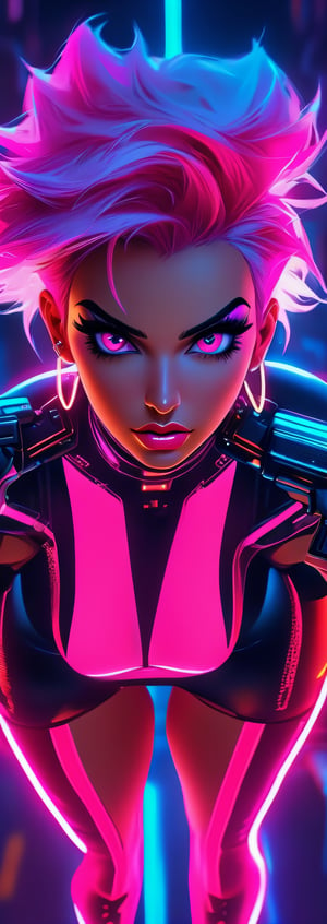 Macro script quality, ultra realistic,HD, HQ, 4K, 8K, high details, full body shot, neon background, young woman, huge cleavage, short pink hair, neon clothes, hand guns, futuristic, sci-fi, perfect face, perfect red eyes, full plump lips,