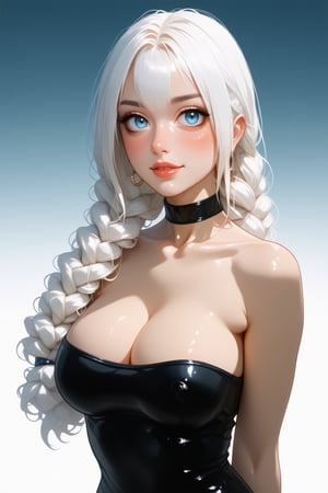 This is a digital illustration in an anime-inspired art style, featuring a voluptuous woman with a striking appearance. She has a light skin tone and striking, voluminous white hair styled in a loose, wavy braid cascading over her shoulder. Her eyes are large, bright blue, and she has a slightly flushed, youthful face with a confident expression, suprn1j1