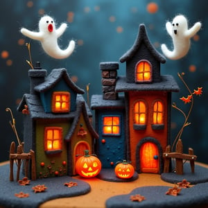 a 3d needle felted image of a halloween town with ghosts flying around and jack o lanterns in doorways