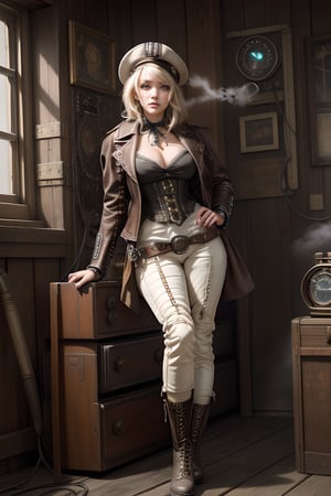 ((​masterpiece、top-quality)), (Photorealistic photography:1.4) ,(steampunc:1.6), White Elegance, (intricate detailes),1 persons, femele, 24 year old, Mystical Beautiful Girl, perfect anatomia, huge colossal cleavage, perfectly proportions, face perfect, Strong gothic makeup, Whitewashed face, Purple Lipstick, Purple eyeshadow, (Heavy makeup:1.4), Pathological beauty, Bright on the face, Details of face, serious faces, Platinum blond hair, long straight Cut Hair, Parting aligned bangs, Hair that flutters in the wind, Steampunk world, Leather jacket, Leather Vest, White blouses, Ribbon Ties, Long leather trousers, Leather Scout Mask, leather brim hat, lace-up boots, um Home Detetive, conceptual art, 真实感, godrays, Cinematographic lighting, canon, high details, hiquality, HD fine, 16K resolution, Full body portrait, full body Esbian