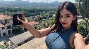 (masterpiece, best quality, ultra-detailed, 8K),high detail, realisitc detailed, (((1girl))), a beautiful young mature pakistani women slight fat curvy body with long flowy black hair over shoulders in the dark, weraing a full tight buttoned shirt and jeans standing on hte hill top taking a selfie, blue eyes, pale soft skin, kind smile, glossy lips, a serene and contemplative mood, setting on the top of the mountain, ,red lips,hd makeup,