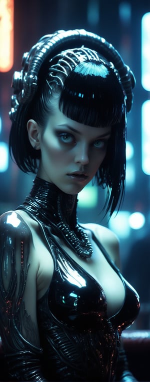 (By Lovecraft, Shinkai, Giger) a beautiful 20 year old alternative replicant beauty, big breasts, sitting at a blade runner bar, blown glass aesthetics, metallic atmosphere, atomic neon, timeshift reflections, 