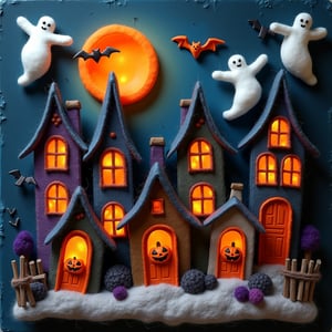 a 3d needle felted image of a halloween town with ghosts flying around and jack o lanterns in doorways