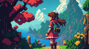 Pixel-Art Adventure featuring a Girl: Pixelated girl character, vibrant 8-bit environment, reminiscent of classic games.,Leonardo Style

