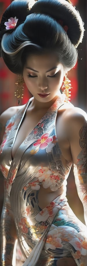 A Japanese woman in her twenties made of shiny white and silver translucent glass and plastic, slim voluptuous huge cleavage Geisha, geisha makeup and hairstyle, beautiful irezumi tattoos up and down her legs, Silver metal interior, dynamic poses, flowing organic structure, Glowing golden circuit, colorful neon decoration, light emitting circuit, neon decoration, Depth of field focus f/2.8