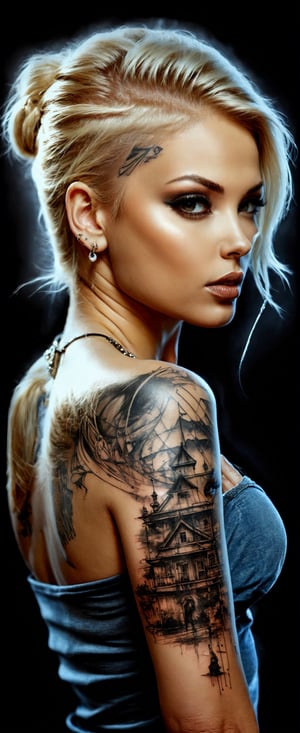 Tattoo sketch, by enki bilal, double exposure. high quality, high detail, (16K Ultra HD), (masterpiece), (best quality), (ultra realistic detail).  (cute blonde glam rock girl). Dark background, 