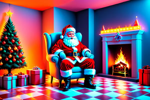 Wave Art Style, (santa claus sitting in an armchair next to the open fire:1.4) in his house it has a checkered floor indoors with neon lights christmas tree and presents, scenery, speaker, tile floor, tiles, (masterpiece, 8k RAW photo, best quality:1.2), absurdres, volumetric lighting, quixel megascan