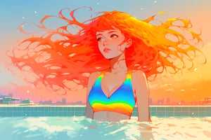 score_9, score_8_up, score_7_up, 1girl, long hair, bangs, half body in pool, (bikini), cleavage, wind hair, colourful, thermal, orange, green, yellow, blue, rooftop pool, sunset, skyline 