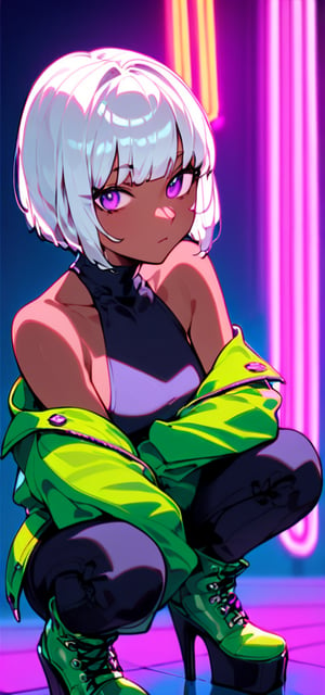  looking at viewer, 1girl, solo, looking at viewer, short hair, bangs, simple background, long sleeves, bare shoulders, purple eyes, jacket, full body, white hair, boots, sleeveless, dark skin, off shoulder, high heels, dark-skinned female, squatting, bob cut, yellow background, green jacket, purple footwear, platform footwear, (((neon theme))), dark theme, vivid color, masterpiece, best quality, amazing quality, very aesthetic, absurdres, depth of field, score_9, score_8, score_7, score_6,sexy girl