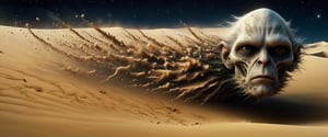 An entire sand dune metamorphosizes in to the unearthly terrifying form of a golum's head, ultra detailed ((dune made of sand)), ((golum made of sand)), in style of 1984 Dune directed by David Lynch and blade runner 1982, black sky stars in sky , photographic, cinematic photography,