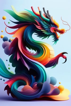 abstrgn dragon, minimalistic colourful organic forms, energy assembled, layered, depth, alive vibrant, 3D, abstract, full body, no humans, powerful claws, majestic tail, sweeping intricate horns, floating particles, eastern dragon, shadow