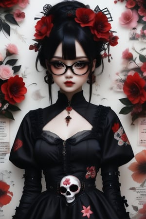 photorealism, photo-model view, Catholicpunk cute goth girl in a fusion of Japanese-inspired Gothic punk fashion, glasses, skulls, goth, black gloves, tight corset, incorporating traditional Japanese motifs and punk-inspired details,Emphasize the unique synthesis of styles, flowers ,heavy makeup, earrings, Lolita Fashion Clothes, kawaii, hearts ,emo, kawaiitech, dollskill, chibi, Eyes AAp41nt3dladies